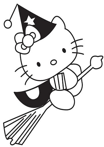 Kolorowanka Hello Kitty lata na miotle w Halloween Kolorowanka Hello Kitty lata na miotle w Halloween